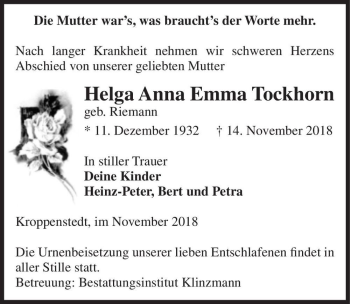 Traueranzeige von Helga Anna Emma Tockhorn (geb. Riemann)  von Magdeburger Volksstimme