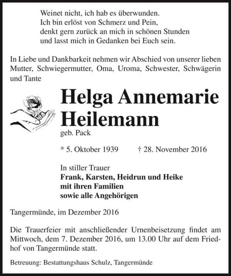  Traueranzeige für Helga Annemarie Heilemann (geb. Pack)  vom 01.12.2016 aus Magdeburger Volksstimme