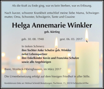 Traueranzeige von Helga Annemarie Winkler (geb. Körting)  von Magdeburger Volksstimme