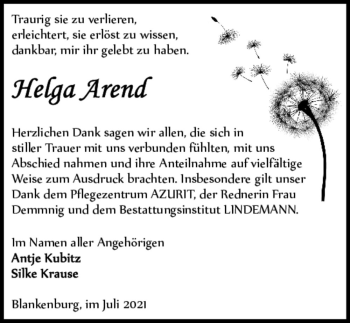 Traueranzeige von Helga Arend  von Magdeburger Volksstimme