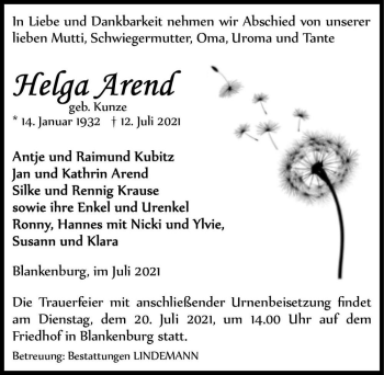 Traueranzeige von Helga Arend (geb. Kunze)  von Magdeburger Volksstimme