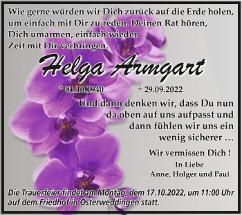Traueranzeige von Helga Armgart  von Magdeburger Volksstimme