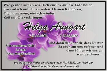 Traueranzeige von Helga Armgart  von Magdeburger Volksstimme