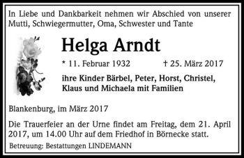 Traueranzeige von Helga Arndt  von Magdeburger Volksstimme