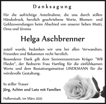Traueranzeige von Helga Aschbrenner  von Magdeburger Volksstimme