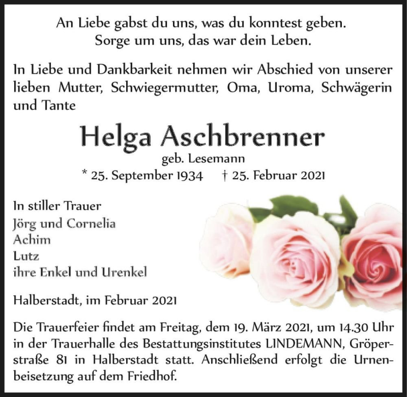  Traueranzeige für Helga Aschbrenner (geb. Lesemann)  vom 06.03.2021 aus Magdeburger Volksstimme