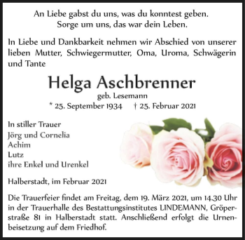 Traueranzeige von Helga Aschbrenner (geb. Lesemann)  von Magdeburger Volksstimme