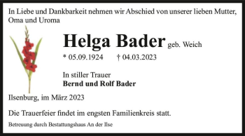 Traueranzeige von Helga Bader (geb. Weich)  von Magdeburger Volksstimme
