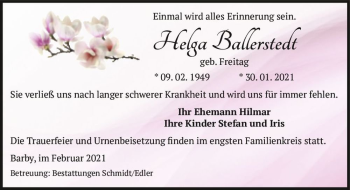 Traueranzeige von Helga Ballerstedt (geb. Freitag)  von Magdeburger Volksstimme