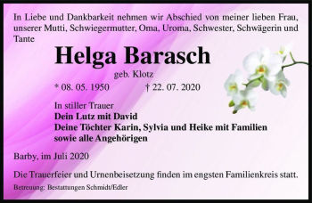 Traueranzeige von Helga Barasch (geb. Klotz)  von Magdeburger Volksstimme