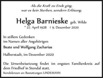 Traueranzeige von Helga Barnieske (geb. Wilde)  von Magdeburger Volksstimme