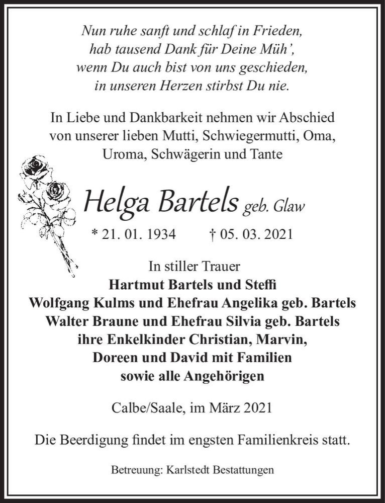  Traueranzeige für Helga Bartels (geb. Glaw)  vom 10.03.2021 aus Magdeburger Volksstimme