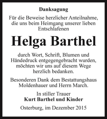 Traueranzeige von Helga Barthel  von Magdeburger Volksstimme