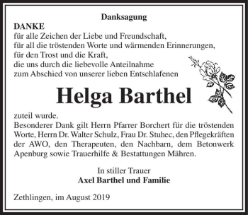 Traueranzeige von Helga Barthel  von Magdeburger Volksstimme