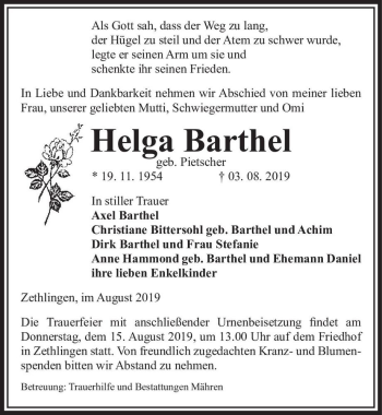 Traueranzeige von Helga Barthel (geb. Pietscher)  von Magdeburger Volksstimme