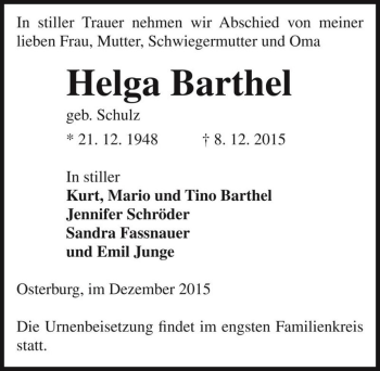 Traueranzeige von Helga Barthel (geb. Schulz)  von Magdeburger Volksstimme