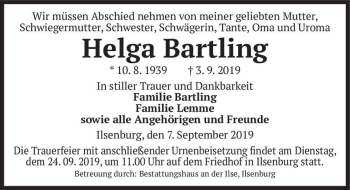 Traueranzeige von Helga Bartling  von Magdeburger Volksstimme