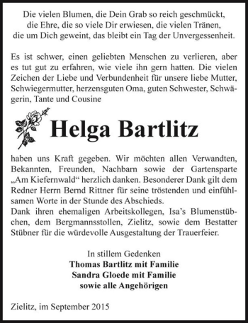 Traueranzeige von Helga Bartlitz  von Magdeburger Volksstimme
