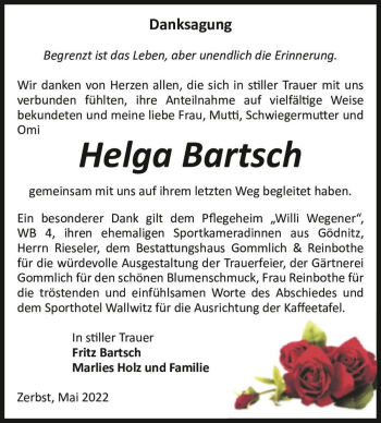 Traueranzeige von Helga Bartsch  von Magdeburger Volksstimme