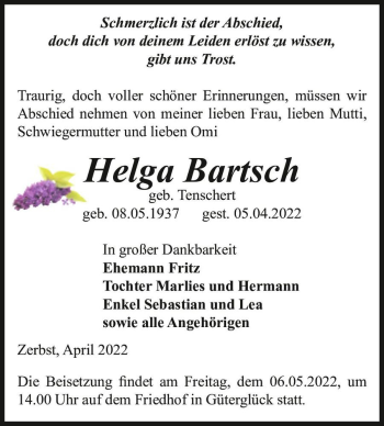 Traueranzeige von Helga Bartsch (geb. Tenschert)  von Magdeburger Volksstimme