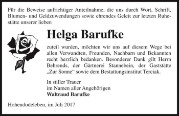Traueranzeige von Helga Barufke  von Magdeburger Volksstimme