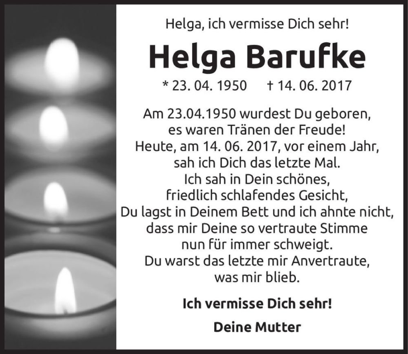  Traueranzeige für Helga Barufke  vom 14.06.2018 aus Magdeburger Volksstimme