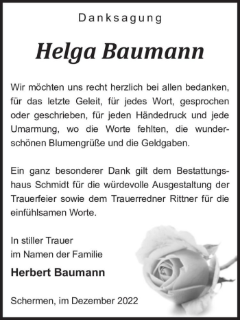 Traueranzeige von Helga Baumann  von Magdeburger Volksstimme