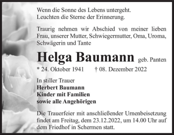 Traueranzeige von Helga Baumann (geb. Panten)  von Magdeburger Volksstimme