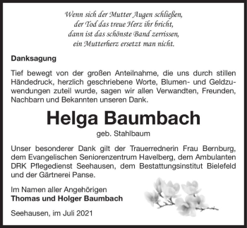 Traueranzeige von Helga Baumbach (geb. Stahlbaum)  von Magdeburger Volksstimme