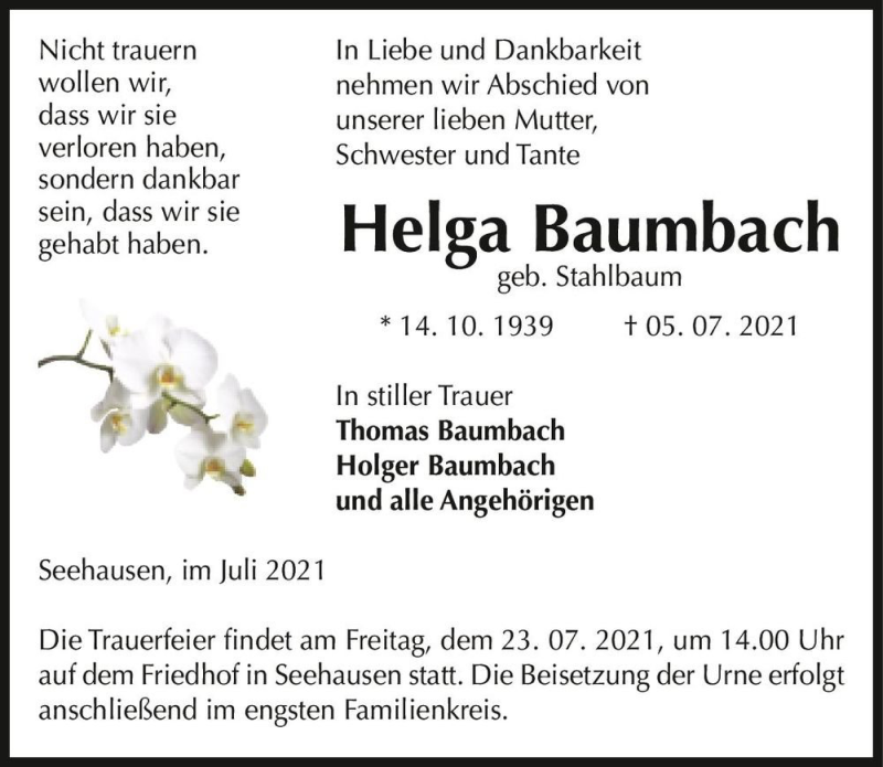  Traueranzeige für Helga Baumbach (geb. Stahlbaum)  vom 17.07.2021 aus Magdeburger Volksstimme