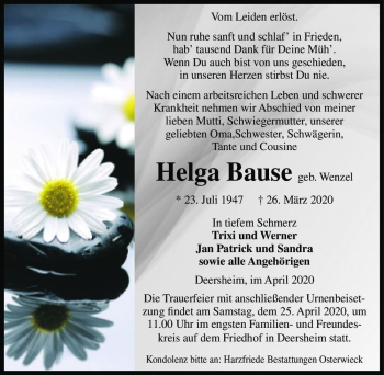 Traueranzeige von Helga Bause (geb. Wenzel)  von Magdeburger Volksstimme