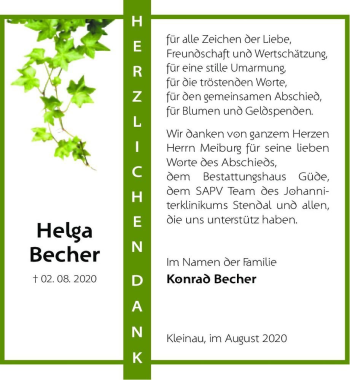 Traueranzeige von Helga Becher  von Magdeburger Volksstimme