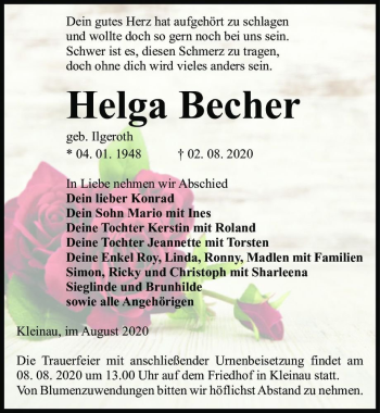 Traueranzeige von Helga Becher (geb. Ilgeroth)  von Magdeburger Volksstimme
