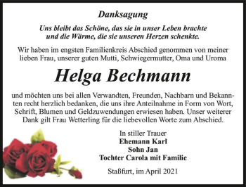 Traueranzeige von Helga Bechmann  von Magdeburger Volksstimme