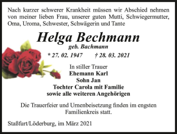 Traueranzeige von Helga Bechmann (geb. Bachmann)  von Magdeburger Volksstimme