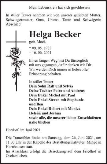 Traueranzeige von Helga Becker (geb. Mock)  von Magdeburger Volksstimme
