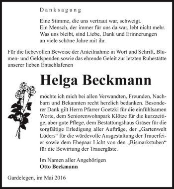 Traueranzeige von Helga Beckmann  von Magdeburger Volksstimme