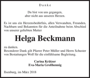 Traueranzeige von Helga Beckmann  von Magdeburger Volksstimme