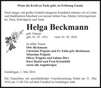 Traueranzeige von Helga Beckmann (geb. Ganzer)  von Magdeburger Volksstimme