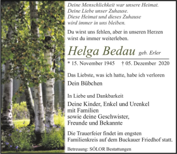 Traueranzeige von Helga Bedau (geb. Erler)  von Magdeburger Volksstimme