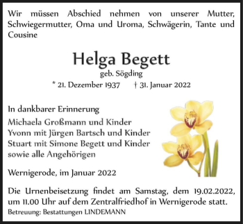 Traueranzeige von Helga Begett (geb. Sögding)  von Magdeburger Volksstimme