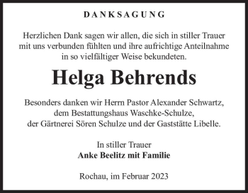 Traueranzeige von Helga Behrends  von Magdeburger Volksstimme
