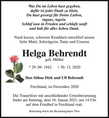 Traueranzeige von Helga Behrendt (geb. Müller)  von Magdeburger Volksstimme