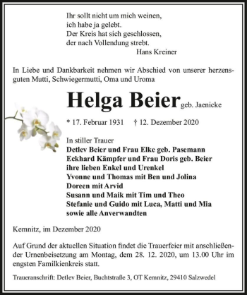 Traueranzeige von Helga Beier (geb. Jaenicke)  von Magdeburger Volksstimme