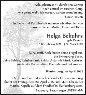 Traueranzeige von Helga Bekuhrs (geb. Demuth)  von Magdeburger Volksstimme