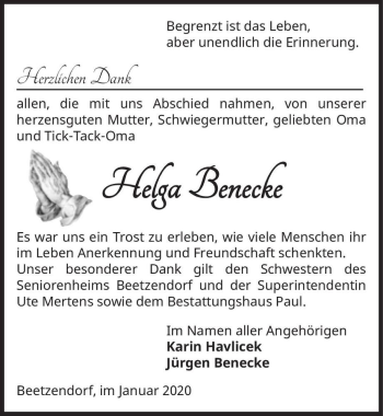 Traueranzeige von Helga Benecke  von Magdeburger Volksstimme