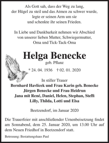 Traueranzeige von Helga Benecke (geb. Pflanz)  von Magdeburger Volksstimme