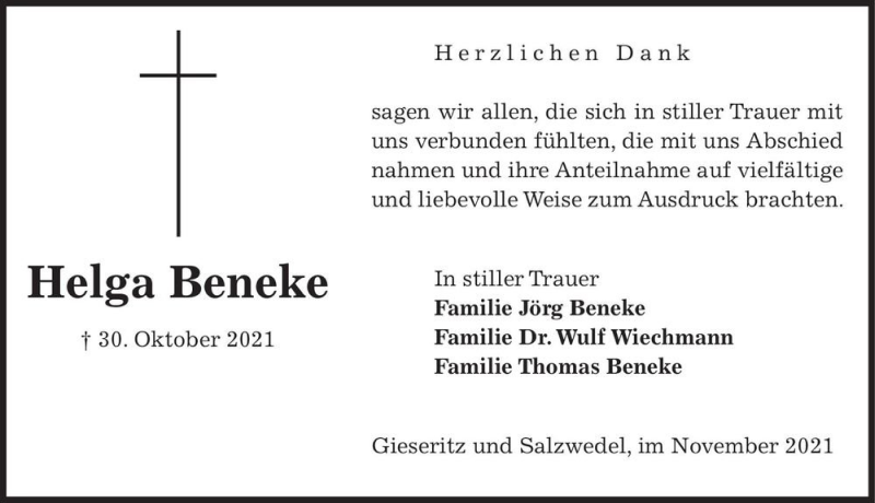  Traueranzeige für Helga Beneke  vom 04.12.2021 aus Magdeburger Volksstimme