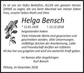 Traueranzeige von Helga Bensch  von Magdeburger Volksstimme