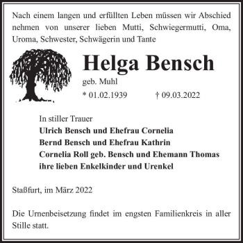 Traueranzeige von Helga Bensch (geb. Muhl)  von Magdeburger Volksstimme
